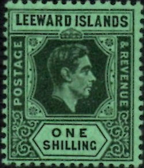 Leeward Islands 1938 KGVI  1/- Black & Emerald  SG.110  Mint (Lightly Hinged)