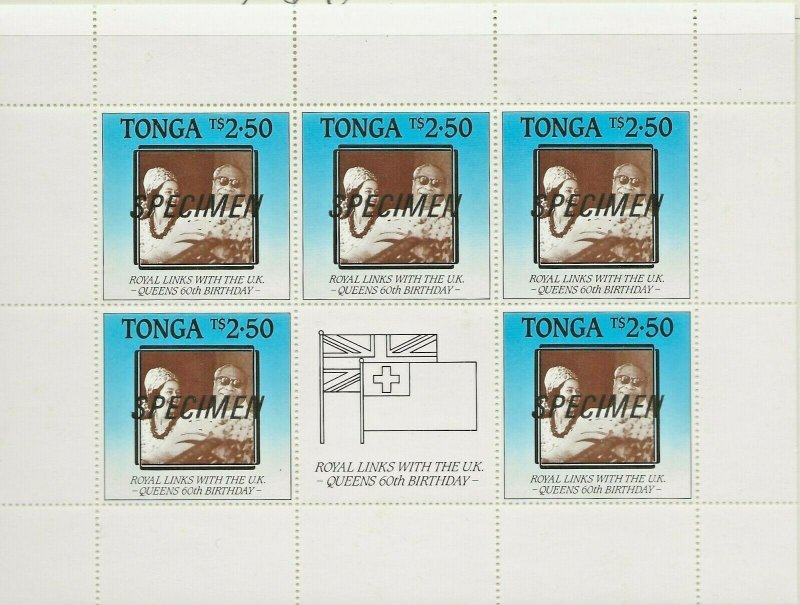 TONGA 1986 60TH BIRTHDAY QUEEN ELIZABETH,ROYAL LINKS SHEETLET SPECIMEN O/PRINT 