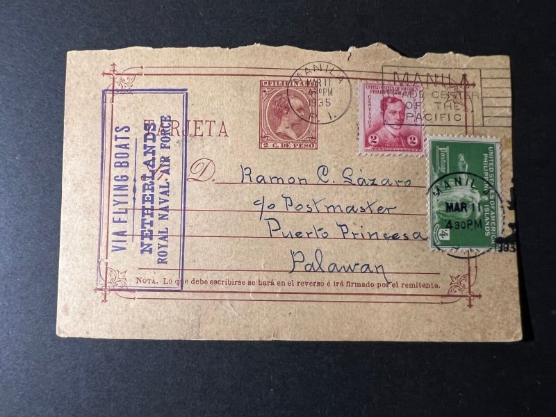 1935 Philippines Airmail Cover Manila to Puerto Princesa Palawan PI Flying Boats