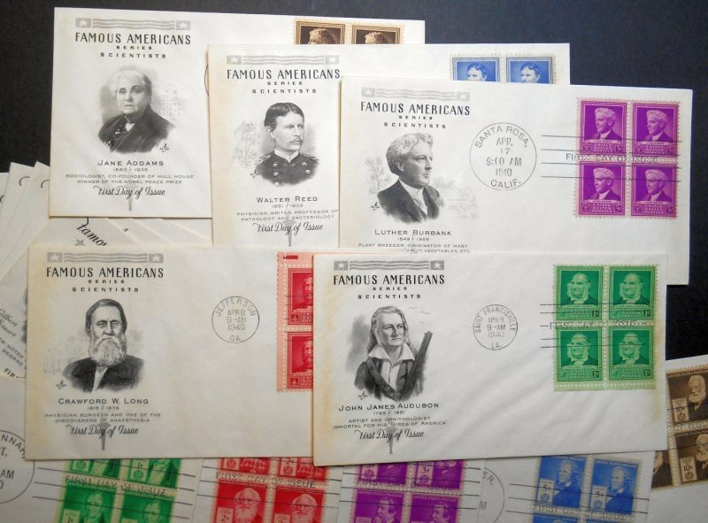 1940 Famous Americans Sc 859-893-2 set 35 Art Craft cachets matched blocks