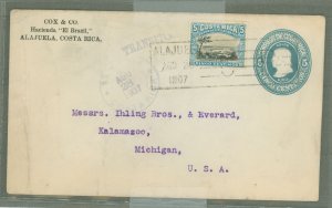 Costa Rica  1907 5c envelope + 5c stamp for foreign rate; used from Alajuela Tousa, San Jose transit.