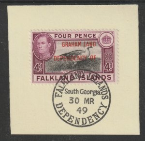 FALKLAND DEPS - GRAHAM LAND 1944  4d on piece with MADAME JOSEPH  POSTMARK