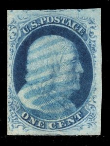 MOMEN: US STAMPS #9 IMPERF BLUE GRID USED VF/XF JUMBO LOT #81192*