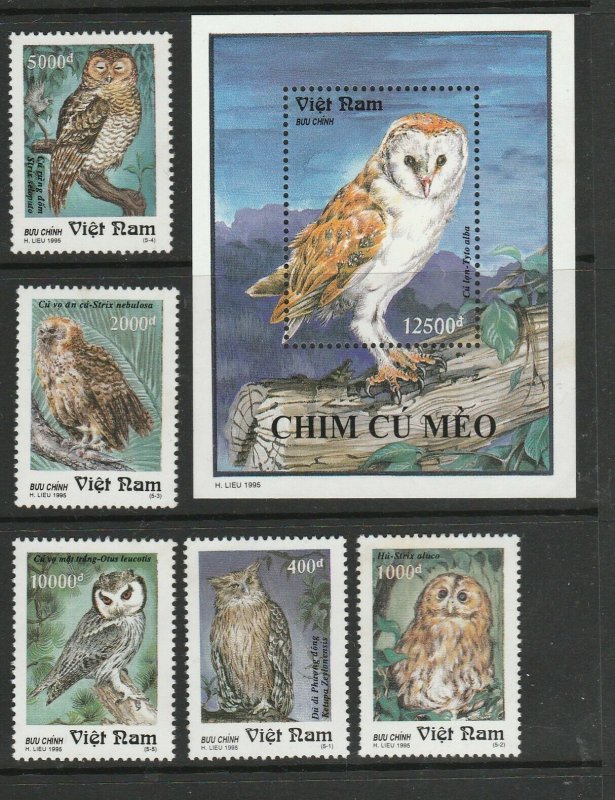 Vietnam 1995 Owls, set & MS UM/MNH, this issue comes without gum, SG 1931/MS1936