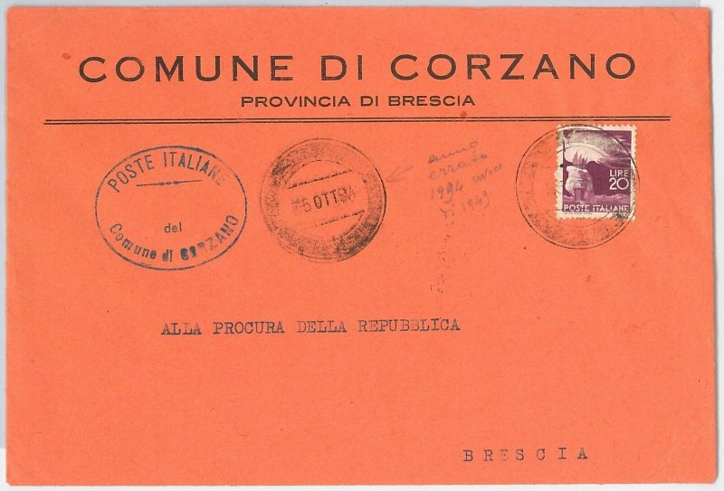 REPUBBLICA - Storia Postale: ANNULLO MUTO EMERGENZA su BUSTA da  CORZANO 1949