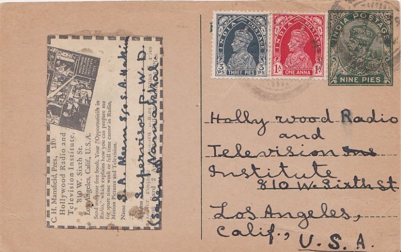 India 3p and 1a KGVI on 9p KGV Postal Card 1939 to Los Angeles, Calif. Cancel...
