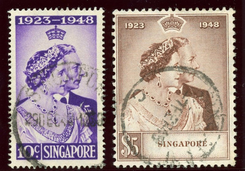 Singapore 1948 KGVI Silver Wedding set complete VFU. SG 31-32. Sc 21-22.