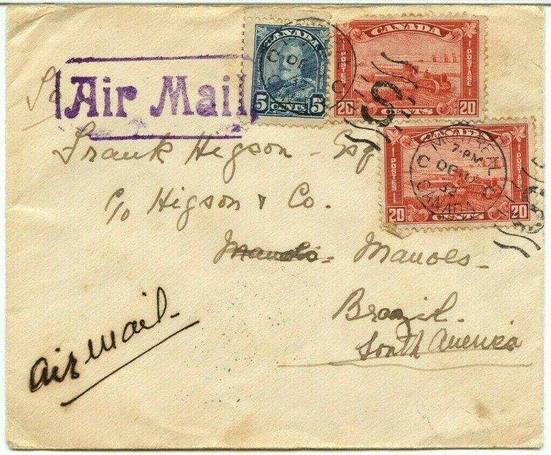 FAM 45c airmail up the AMAZON Manaus *** 1/2oz rate to BRAZIL 1932, Canada cover
