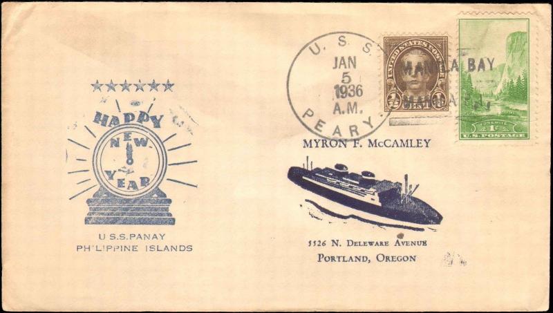 1936 USS PERRY MANILA BAY PHILIPPINES + HAPPY NEW YEAR CACHET