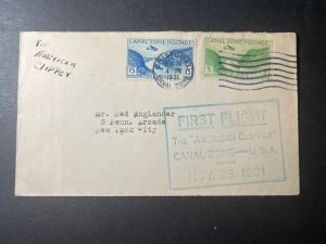 1931 Canal Zone Airmail First Flight Cover FFC Cristobal to New York City NY USA