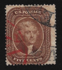 30A Unused,  5c. Jefferson, Brown, Red & Blk  scv: $355, FREE INSURED SHIPPING