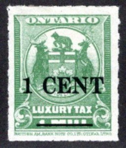 OLT3 - 1925 Ontario, Luxury Tax, 1c on 1 mill green, MHOG, Revenue Stamp, Canada