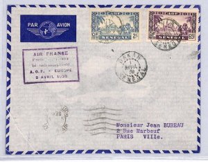 SENEGAL AOF Air Mail Cover FIRST FLIGHT AIR FRANCE Cols Paris Dakar 1938 YZ222