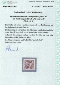 GERMANY OCCUPATION SUDETENLAND REICHENBERG MICHEL 48 ULTRA RARE PERFECT MH