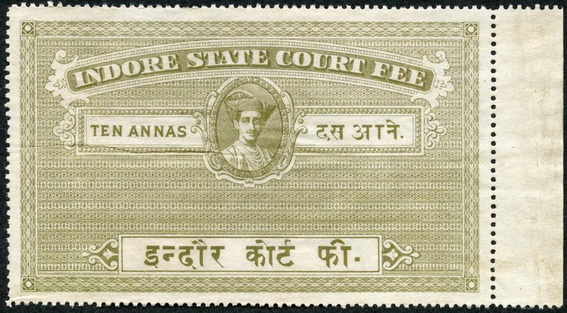 Indore State Court Fee 10 annas Un-used (no gum) wrinkle 