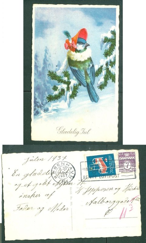Denmark. Christmas Card 1937 Copenh. 24 Dec. With Seal + 7 Ore. Bird With Hat..