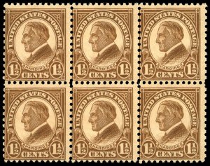 US Sc 633 MNH BLOCK of 6 - 1927 1½¢ - Harding