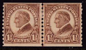 United States 1925 Scott 598 Coil Line Pair 11/2cent Harding F/VF/Mint(*)