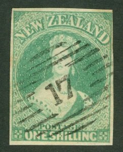 SG 16 New Zealand 1862-64. 1/- dull emerald-green. Very fine used. 4 margins...