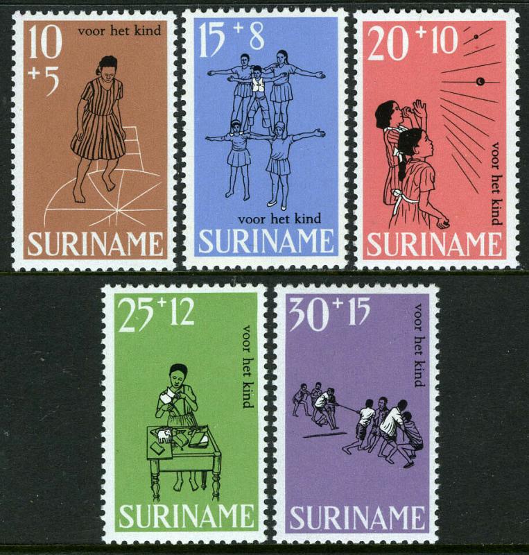 Surinam B147-B151, MH. Child welfare. Children's games.Hopscotch,Handball, 1968