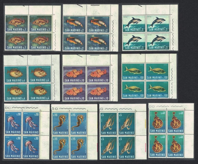 San Marino Fish Dolphins Octopus Marine Life 10v Corner Blocks of 4 1966 MNH