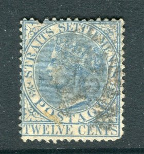 STRAITS SETTLEMENTS; 1867 classic QV Crown CC issue used shade of 12c. Postmark