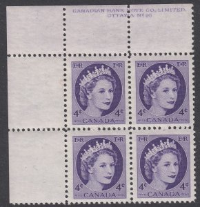 Canada #340ii Mint Plate Block of 4, PL 16 UL