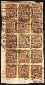 1920, Germany 5Mk, Official stamp block of 15 Used, Sc O13, Mi D33c