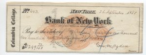 1871 RN-C1 revenue check Columbia College New York City [y8080]