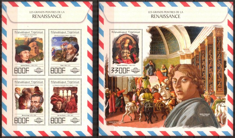 Togo 2017 Art Paintings Renaissance sheet + S/S MNH