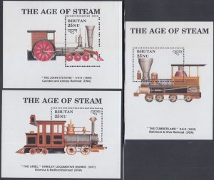 BHUTAN Sc #812,3,5 MNH X 3 S/S  STEAM LOCOMOTIVES