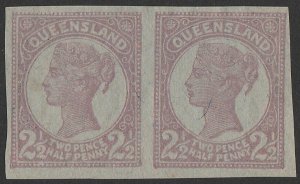 QUEENSLAND 1895 QV 2½d reddish purple pair, imperf plate PROOF cat $2500. Rare.