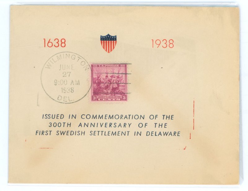 US 836 1938 Delaware Colony Tercentenary first day cover with a Ferryman cachet.