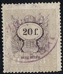 HUNGARY 1898 Barefoot #199  20f Used Revenue, VF - Coat of Arms