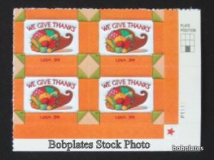 BOBPLATES #3546 Thanksgiving Upper Right Plate Block P1111 F-VF NH SCV=$2.8