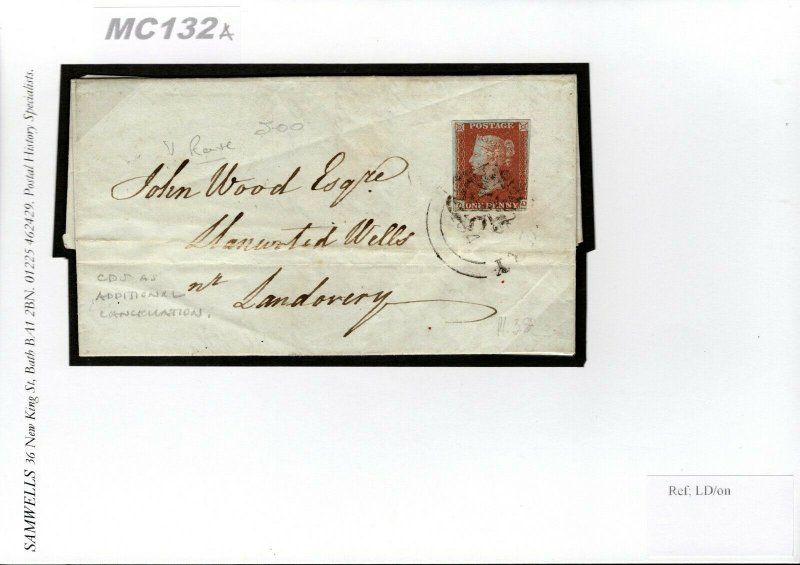 GB Wales Cover CDS Additional Cancel Llandovery MX 1d Red 1844 MC132a