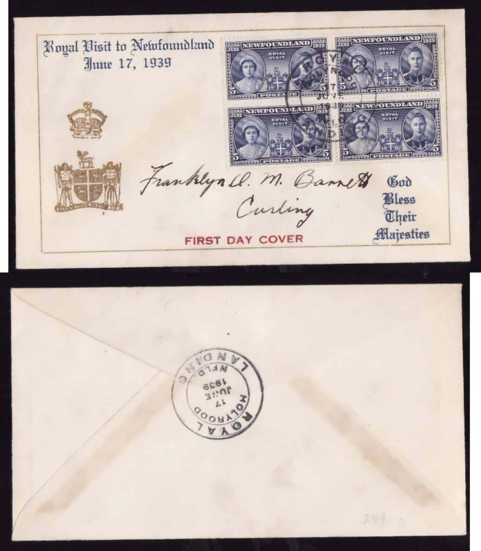 Newfoundland-FDC-cover-Sc#249- id60-Royal Visit-June 17 1939-block-