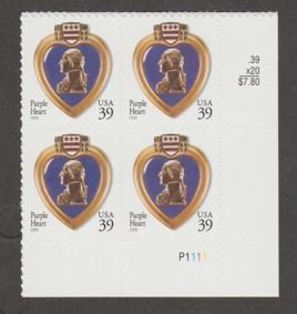 U.S. Scott #4032 Purple Heart Stamp - Mint NH Plate Block