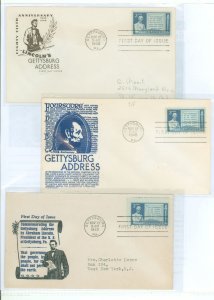 US 978 1948 3c Lincoln: 85th Anniversary of the Gettysburg address, on  three addressed FDC with different cachets, Anderson, Ho