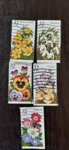 US Scott # 3025-3029; Five used 32c Winter Garden Flowers, 1996; VF centering