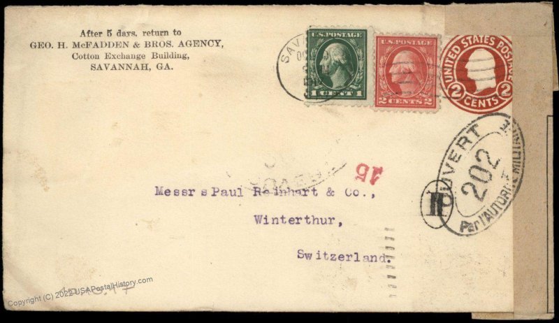 USA 1918 Savannah GA Switzerland Transatlantic Cover Censor Upfranked Post 81931