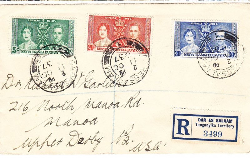 KENYA, UGANDA, TAGANYIKA #60-62 registered cover Dar Es Salaam, 11 Oct. 1937