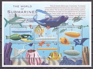 Antigua, Scott cat. 2404 a-f. World of Submarines and Fish sheet of 6.