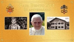 Liberia 2012 - POPE BENEDICT 85TH BIRTHDAY - Gold Souvenir Sheet of 4 Stamps MNH