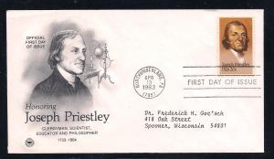 US FDC Sc.# 2038 Joseph Priestley, Chemist K138