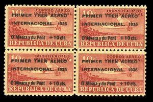 Cuba #C16 Cat$80+, 1935 10c+10c red, block of four, never hinged