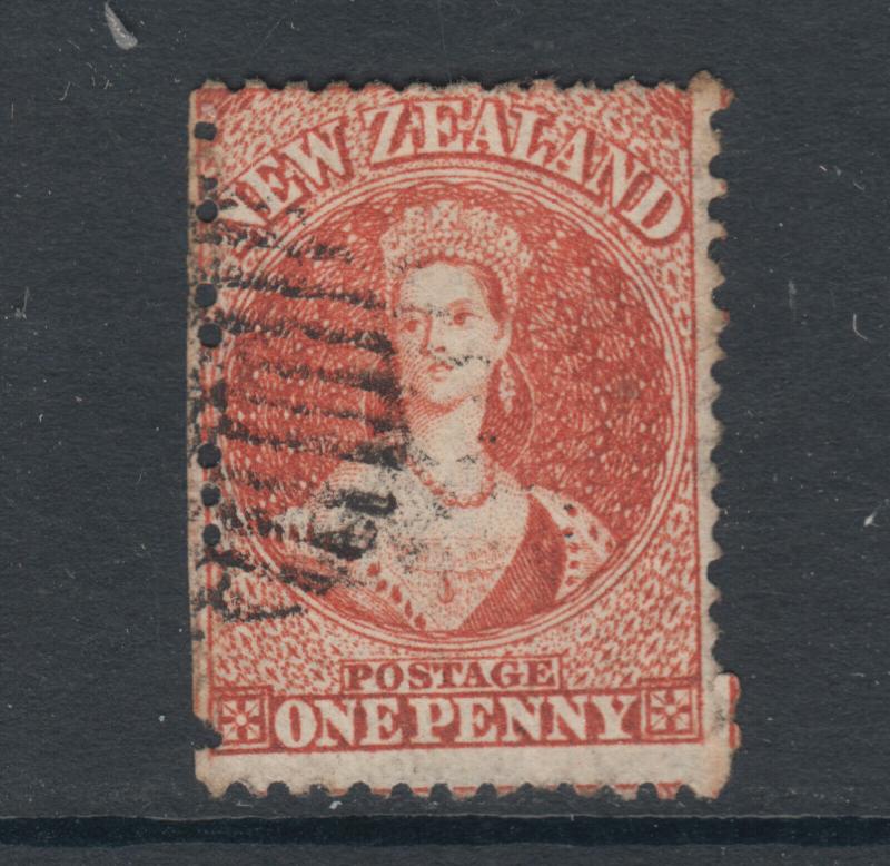 New Zealand Sc 31, SG 110 used. 1864-71 1p carmine vermilion, internal perf Cert