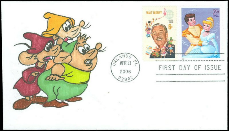 4/21/2006 Orlando Cds, Hand Painted DISNEY BERT MERT LUKE, CINDERELLA, #4026 FDC