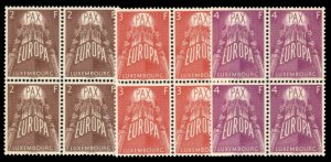 Luxembourg #329-331 Cat$198, 1957 Europa, set of three in blocks of four, nev...