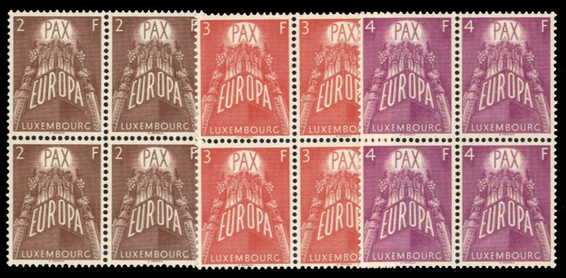 Luxembourg #329-331 Cat$198, 1957 Europa, set of three in blocks of four, nev...